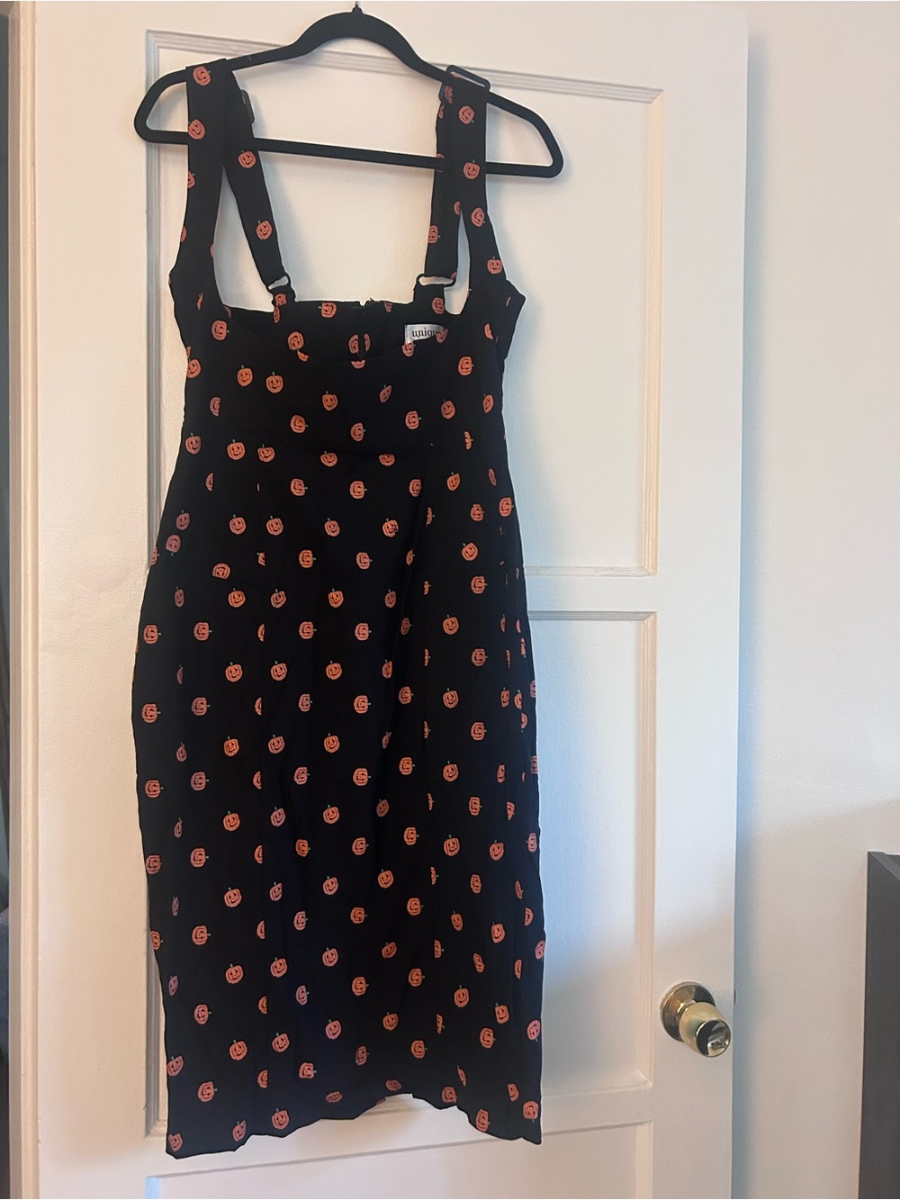 Unique Vintage Black Pinafore Dress with Orange Pumpkin Print